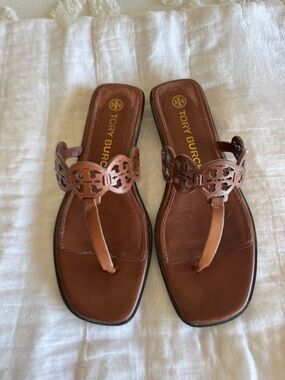 Tory Burch Brown Leather Logo Thong Sandals